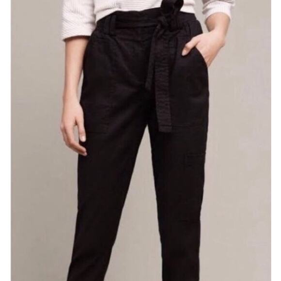 Anthropologie Elevenses Romy Paperbag Waist Linen Cargo Pants Black Size XS - Picture 2 of 11